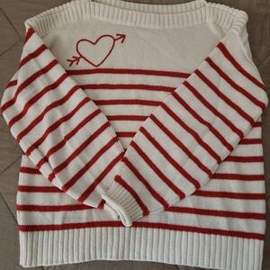 LOFT Red and White Striped Sweater with Heart Detail
